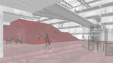 1. Platz: © Jule Gilde, Maurice Stolze, HAWK Hildesheim | Visualisierung des Nordeingangs und „Red Way“ als visuelle und funktionale Abgrenzung öffentlicher Gebäudeteile