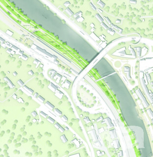 Lennepark am Bahnhofsufer mit Fußgängerbrücke