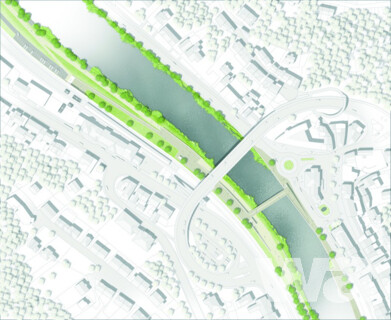 Lennepark am Bahnhofsufer mit Fußgängerbrücke