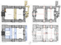 links: Vergleich des alten mit dem neuen Schloss: vorbarocke Bauteile (gelb); barocke Bauteile (grau); um Mitte des 19. Jhts gebaute Kuppel (dunkelgrau); um Ende des 19. Jhts errichteter Anbau (ocker); neue moderne Bauteile (hellblau).	
rechts: Vergleich zwischen den durchquerenden öffentlichen Achsen im alten und neuen Schloss