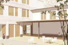 Visualisierung Schulanlage Triemli / In der Ey Siegerprojekt SINAN JAHAN CHOTA MIHRIMAH – Verbindung zwischen Erweiterung und Bestand In der Ey (Visualisierung: Bollhalder Eberle Architektur, Zürich)