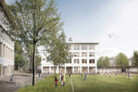  Visualisierung Schulanlage Triemli / In der Ey Siegerprojekt SINAN JAHAN CHOTA MIHRIMAH – Blick auf Pausenplatz und Rasenspielfeld vor Erweiterungsbau In der Ey (Visualisierung: Bollhalder Eberle Architektur, Zürich)