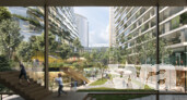 1. Preis: Ferdinand Heide Architekt, Frankfurt am Main | Blick aus der Kita auf den öffentlichen Platz | Foto: © Nightnurse Images AG, Zürich