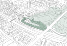 Visualisierung Schulanlage Tüffenwies Siegerprojekt TODOS JUNTOS - Ein Baumring dient als grüner Filter zum angrenzenden Strassenraum (Visualisierung: Karl Naraghi, Zürich)