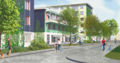 Visualisierung Wohnsiedlung Luchswiesen Siegerprojekt PERGOLA - Blick von der Luchswiesenstrasse auf Atelierhaus und Wohnzelle (Visualisierung: Blättler Heinzer Architektur GmbH)