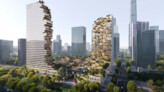 To respond to the office skyscrapers in its surroundings, the formal, gridded façade on the outer faces gives way to flowing curves clad in facades of recycled bamboo. | Visualisation: © Atchain