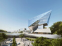 The dramatically cantilevered Central Library is the heart of CityU Dongguan. © HENN