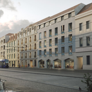 Vier Häuser an der Friedrich-Ebert-Straße im Block IV Potsdamer Mitte