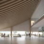 Finalist: Tyrsky || The lobby offers a view of the sea and the seafront promenade. The lobby’s solid wood ceiling repeats the curved shape of the roof.