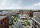 Blick auf das geplante Pioneer Quarter am LabCampus: Ein urbanes Innovationsquartier mit Raum für Arbeit, Forschung und Begegnung. Die Visualisierungen zeigen beispielhafte Fassaden und Nutzungsszenarien im Rahmen des städtebaulichen Konzepts.
